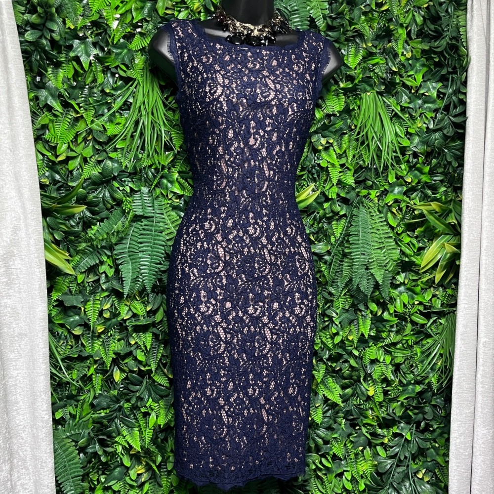 Adrianna Papell Dress Size 10 Navy Blue Floral Lace Sheath Nude Lining 4147